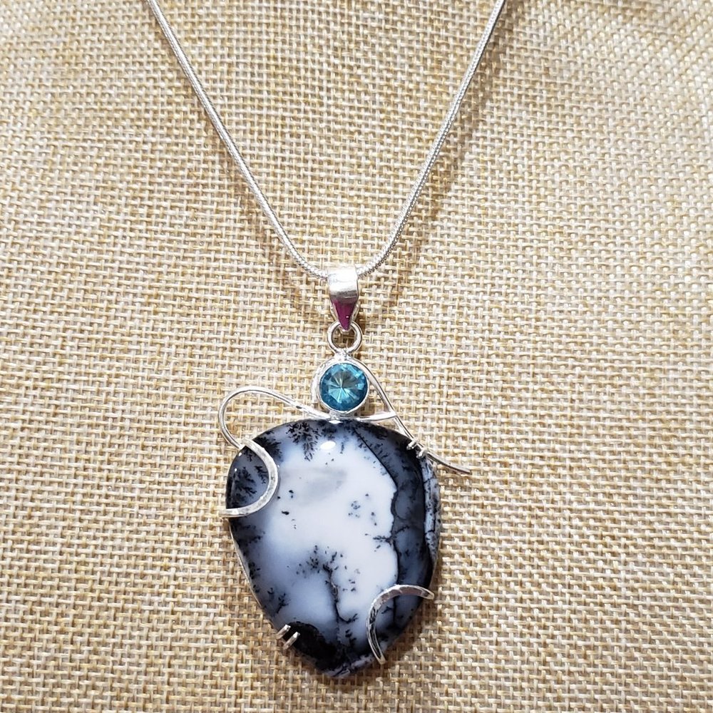 Dendritic opal, blue topaz gemstone, 925 silver necklace